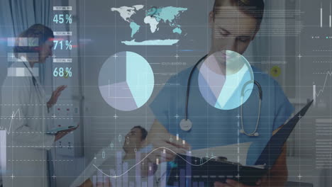 animation of data processing and diagrams over caucasian doctors with male patient in hospital bed