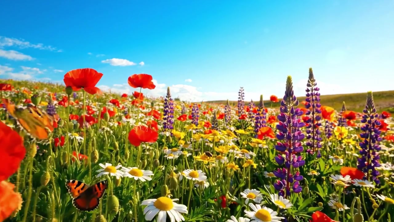 Un prato vibrante e rigoglioso, colmo di abbondanti fiori selvatici colorati sotto un cielo azzurro brillante, che cattura l'essenza della bellezza naturale della primavera.