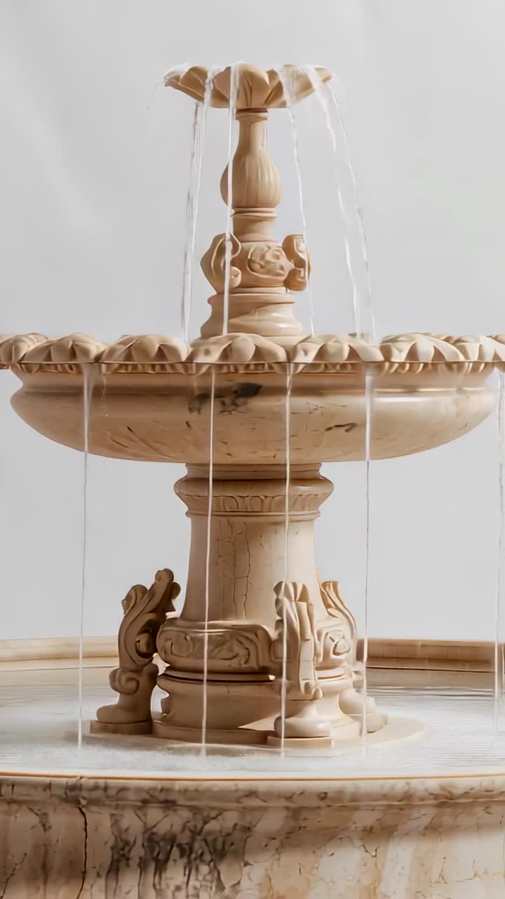 Vertical video: Pouring water from top bowl into basin of marble fountain in room, with carved base