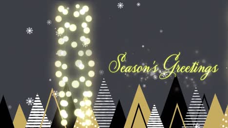 animation of christmas greetings in fairy lights frame over christmas trees background