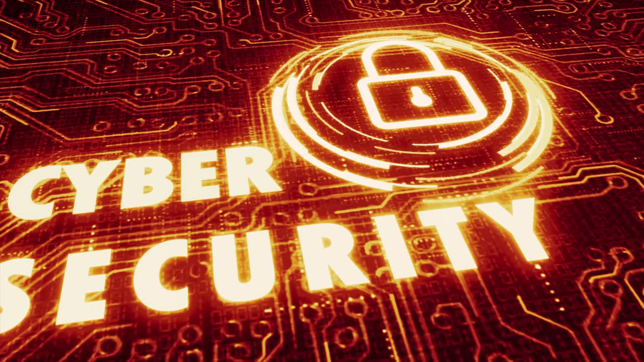 Sophisticated and detailed 3D motion graphic of an animated circuit board with stylised system lock element and the glitching message Cyber Security, in a hot orange and yellow color palette