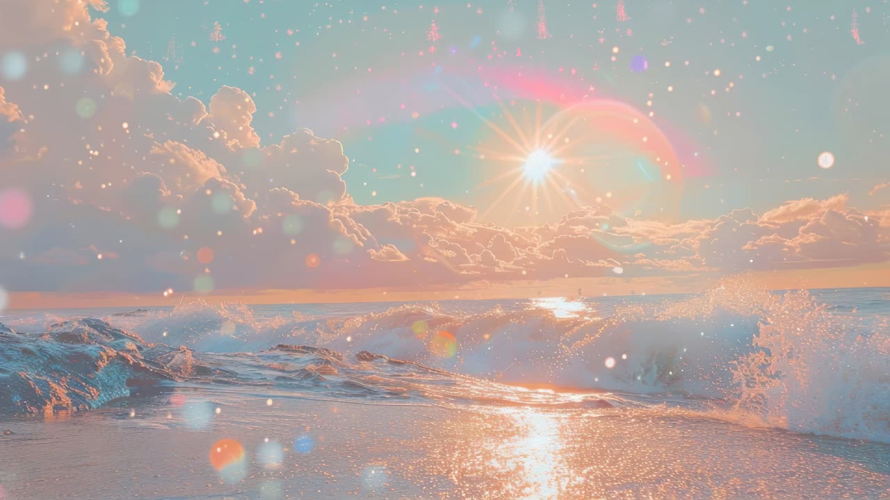 A dreamy, pastel-toned seascape video with a low-angle view, capturing waves and a sunburst