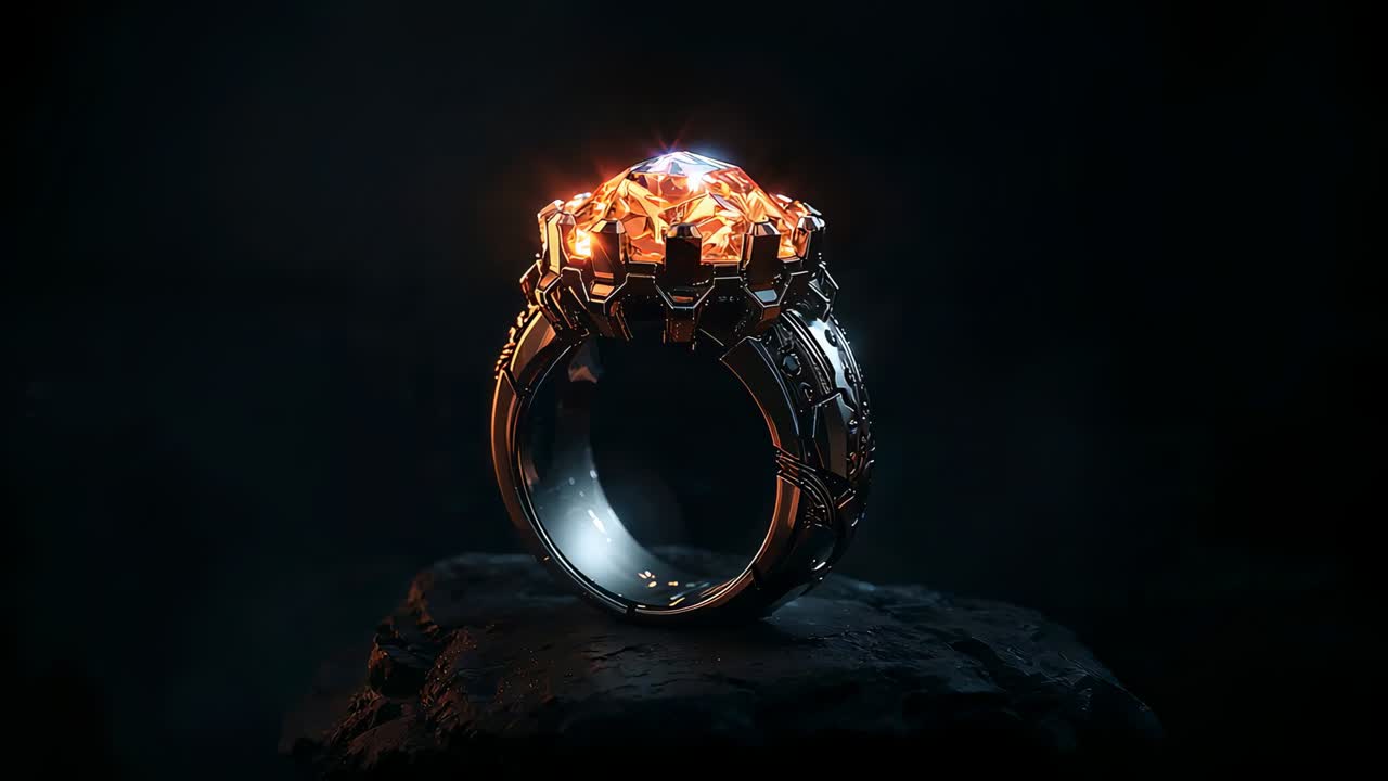 Shining spotlight initiating ring rotating on pedestal in vault, revealing glowing gemstone facets