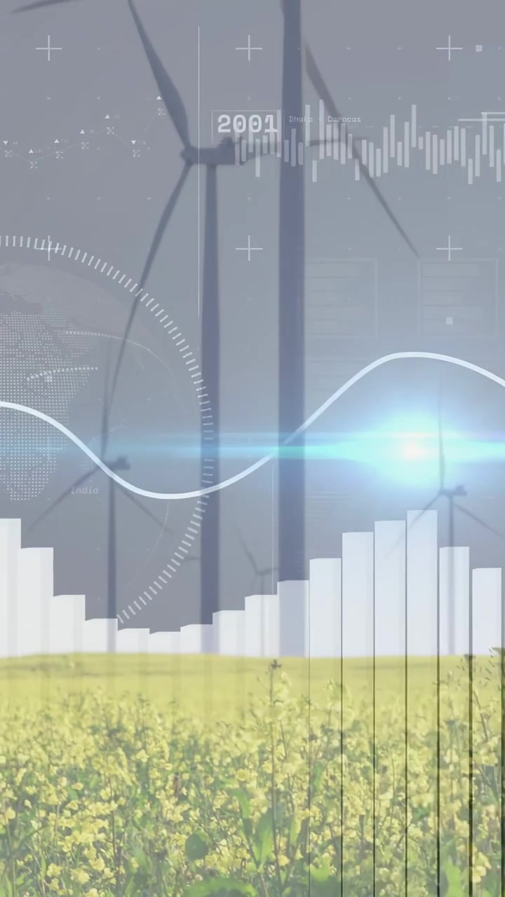 Sovrapposizione sfumata, elementi HUD che scorrono su una coltura in fiore e turbine eoliche, mostrando dati energetici.