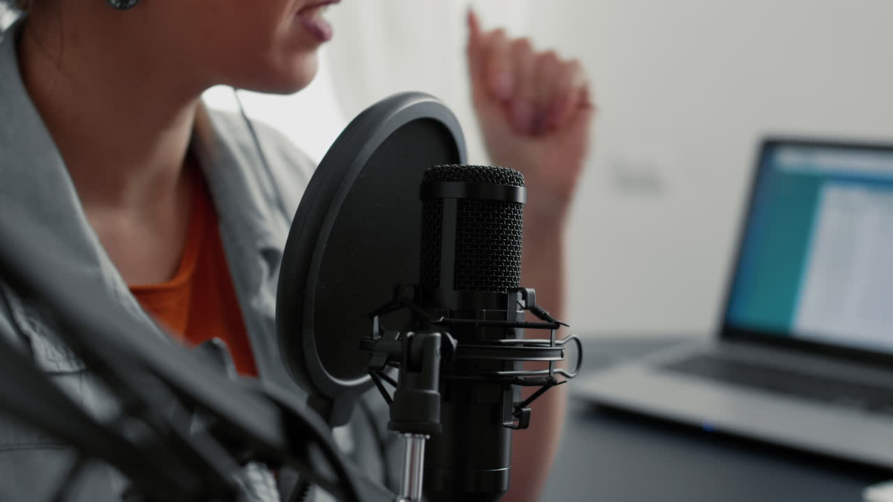 Internet live radio talk show host recording remote podcast while talking to audience