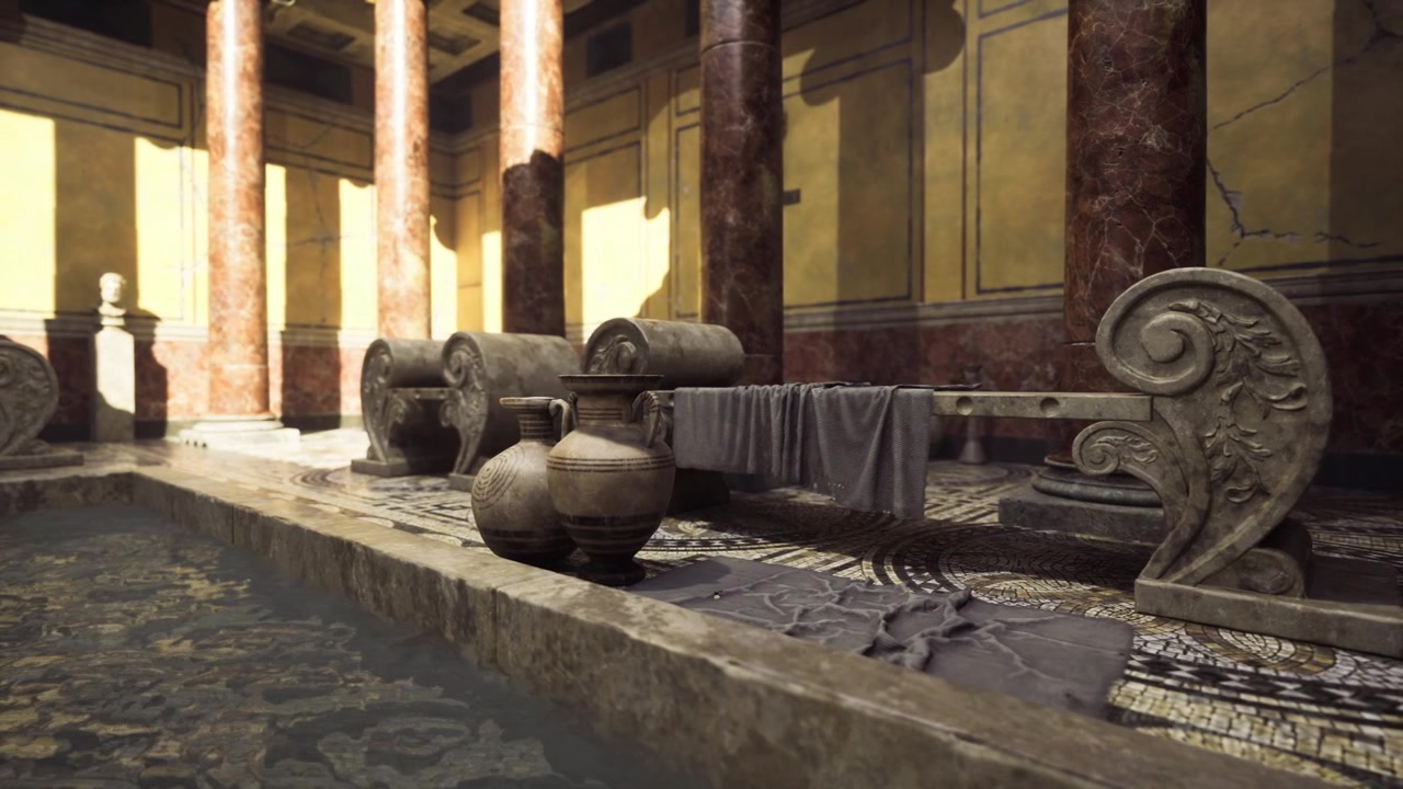 Zonovergoten Romeins atrium met amforen en decoratieve kapitelen.