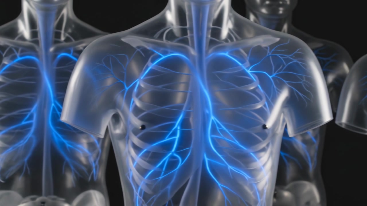 Telecamera che esegue panoramica e zoom, centrando il busto che rivela costole, trachea, rete blu su sfondo nero