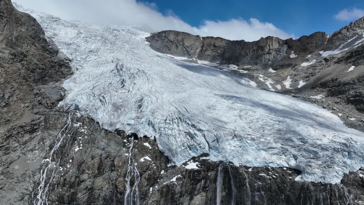 Aerial Backward Drone Shot of Fellaria's Glacier and its Waterfalls - Valmalenco - Sondrio