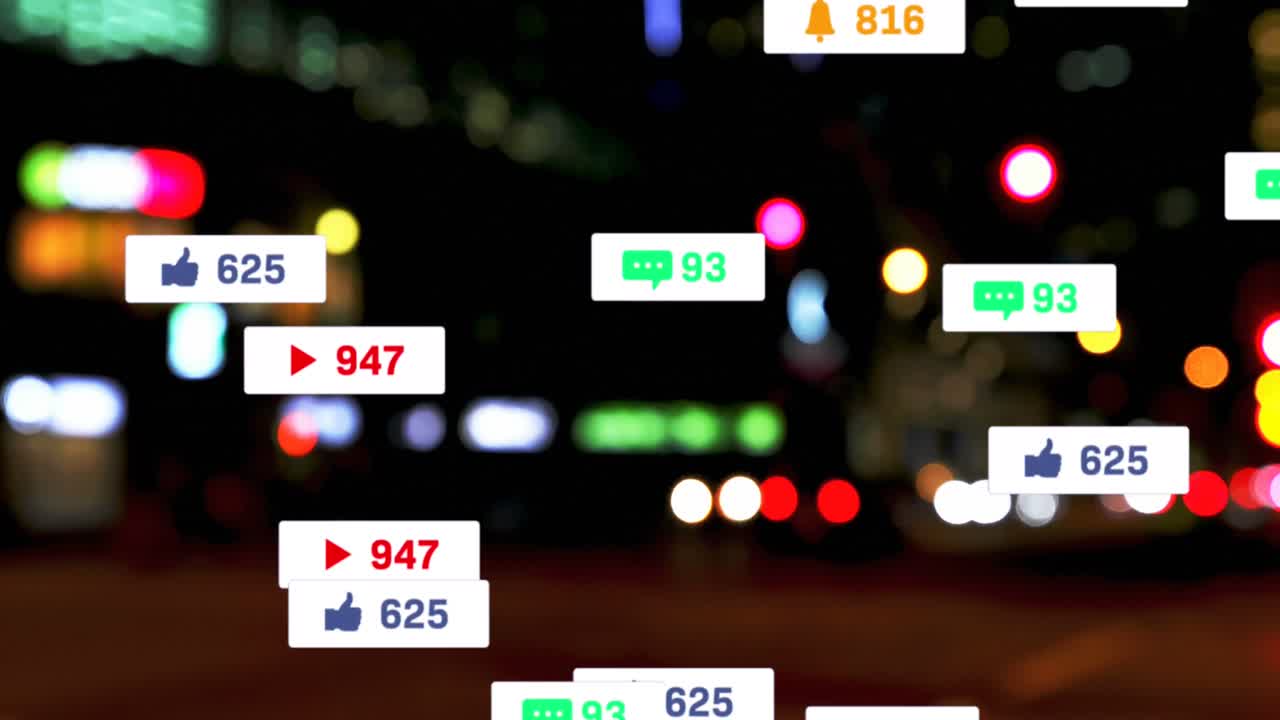 소셜 미디어 아이콘과 숫자의 애니메이션 초점 밖의 도시 및 교통 신호등