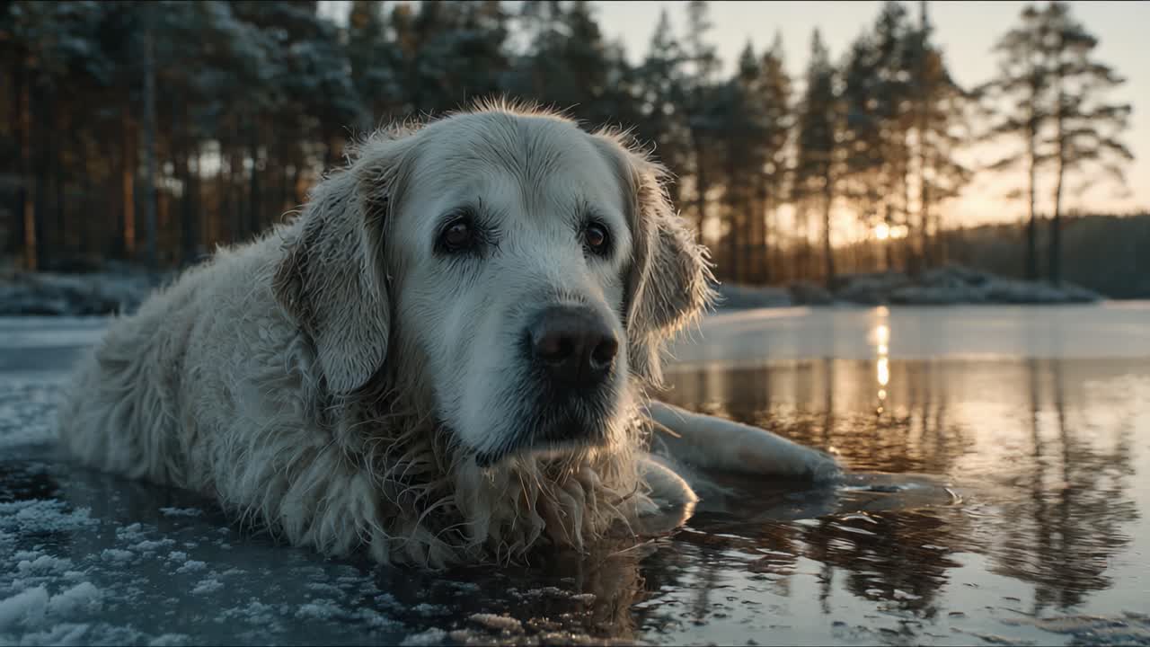 Kultainennoutaja nauttii seesteisestä hetkestä jäätyneen järven rannalla, vangiten auringonlaskun aikaista luonnonkauneutta heijastuksineen vedessä ja mäntyineen taustalla.