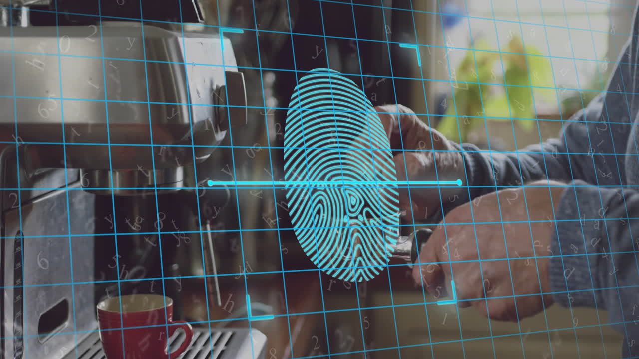 Man's hands inserting portafilter into coffee machine projecting fingerprint grid for coffee tech