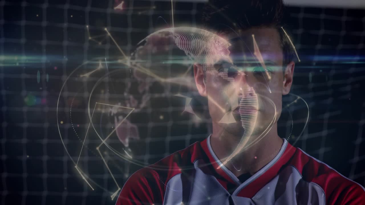 Male athlete in red kit standing by goal net, camera rising revealing hologram globe sports promo