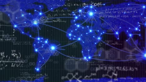 Animation-of-scientific-formulae-hand-written-coronavirus-Covid-19-spreading,-world-map-and-connecti