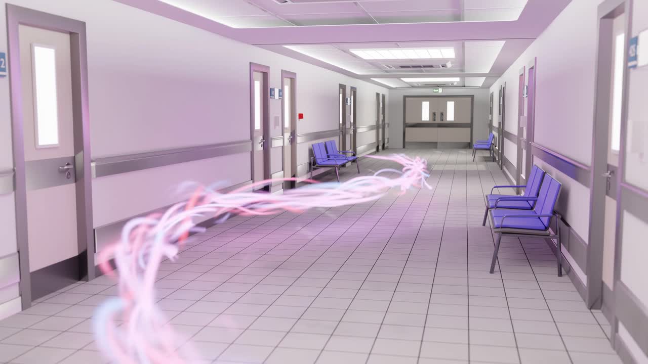 clínica moderna hospital sala de paseo con flujo de energía moviéndose alrededor de animación de renderización 3d