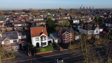 british middle class property neighbourhood aerial dolly view fiddlers ferry power station skyline