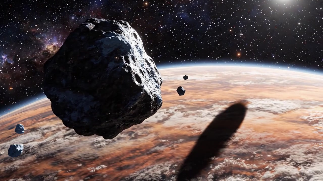 Henkeäsalpaava näkymä avaruudesta: Asteroideja kiertämässä värikästä planeettaa tähtitaivaan alla, täynnä kosmisia ihmeitä