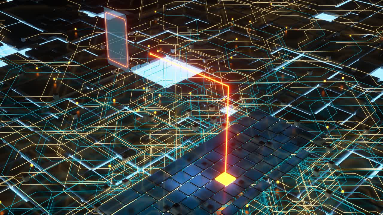 회로판 및 전류 데이터, 데이터 배경, 3d 렌더링