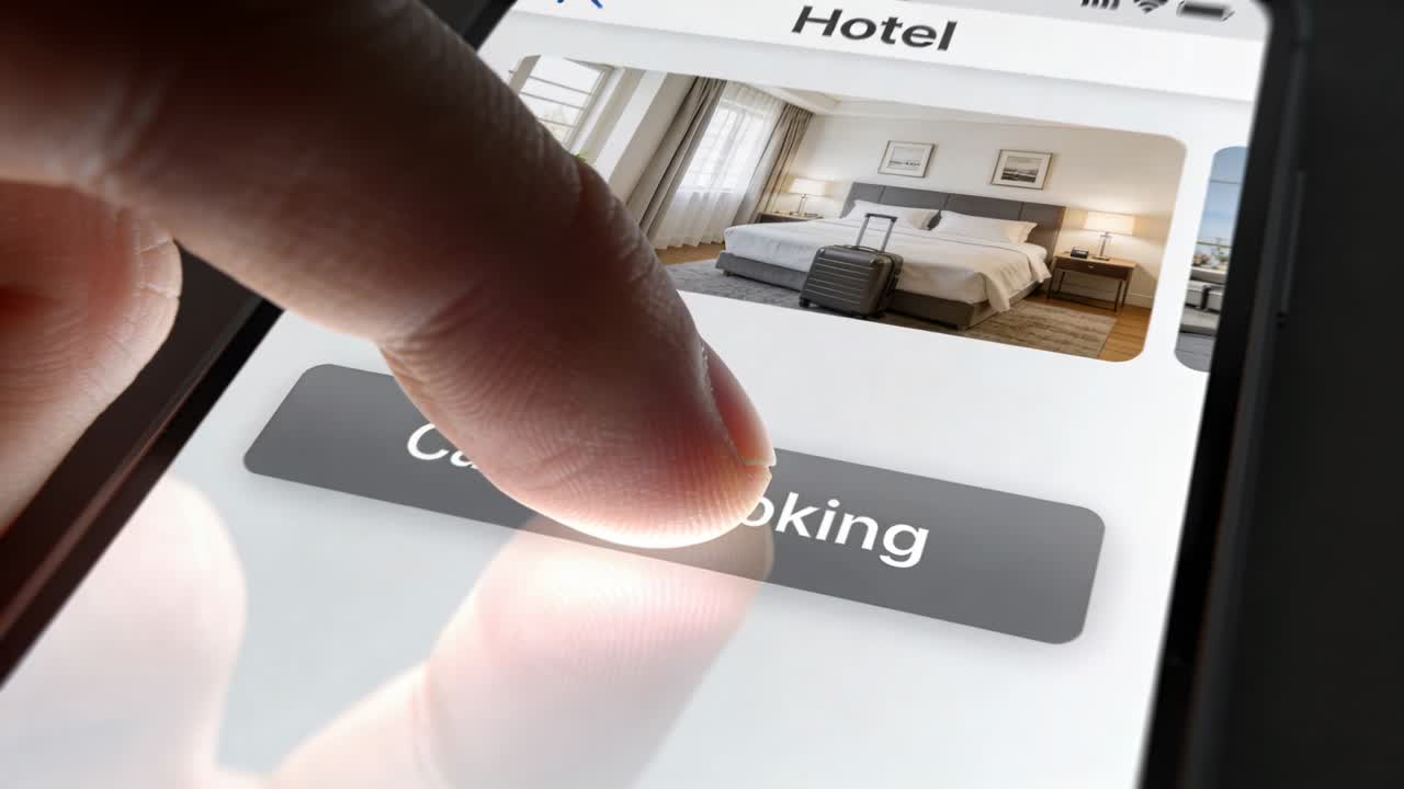 Fingerspids nærmer sig og trykker på 'Annuller Booking'-knappen på en tæt makro telefonskærm, annullerer bookingen.