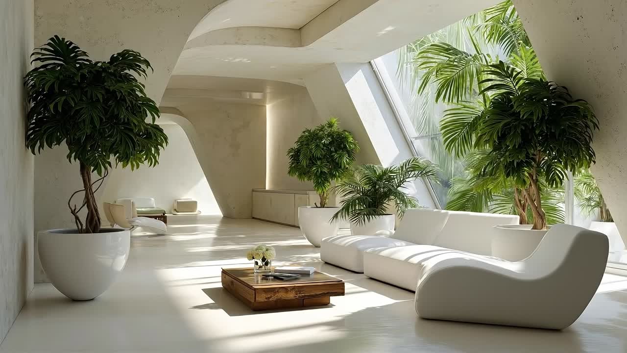 A living room filled with white furniture and plants