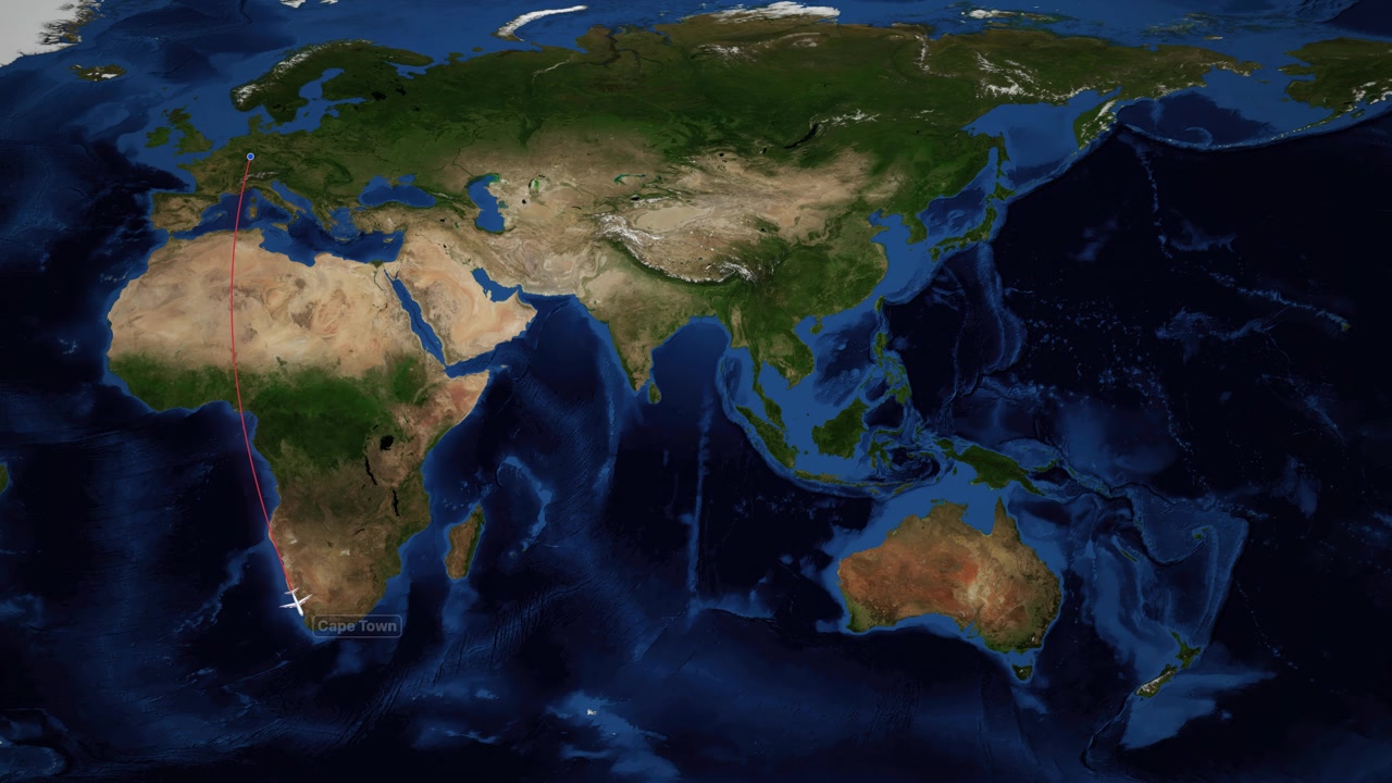 A white airplane icon travels along a red line across a satellite world map background