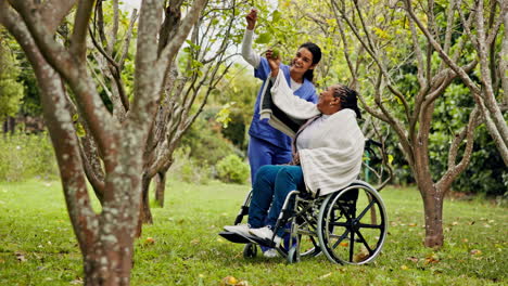 Happy-woman,-nurse-and-patient-by-tree