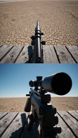 sniper rifle in a dry desert landscape