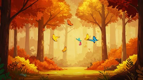 a serene autumn forest scene with vibrant butterflies dancing among trees, illuminated by a soft golden light and accentuated by rich fall foliage