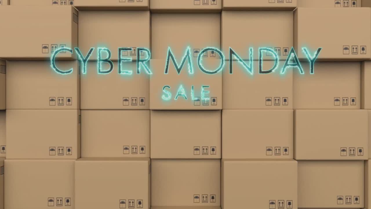 Neon blue cyber monday sale text banner against stack of delivery boxes in background