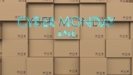 Neon-blue-cyber-monday-sale-text-banner-against-stack-of-delivery-boxes-in-background