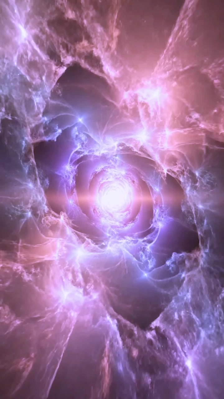 Tunnel astratto di nebulosa viola con nucleo di luce incandescente.