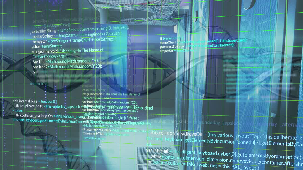 Animation of computer language and dna helixes over server room