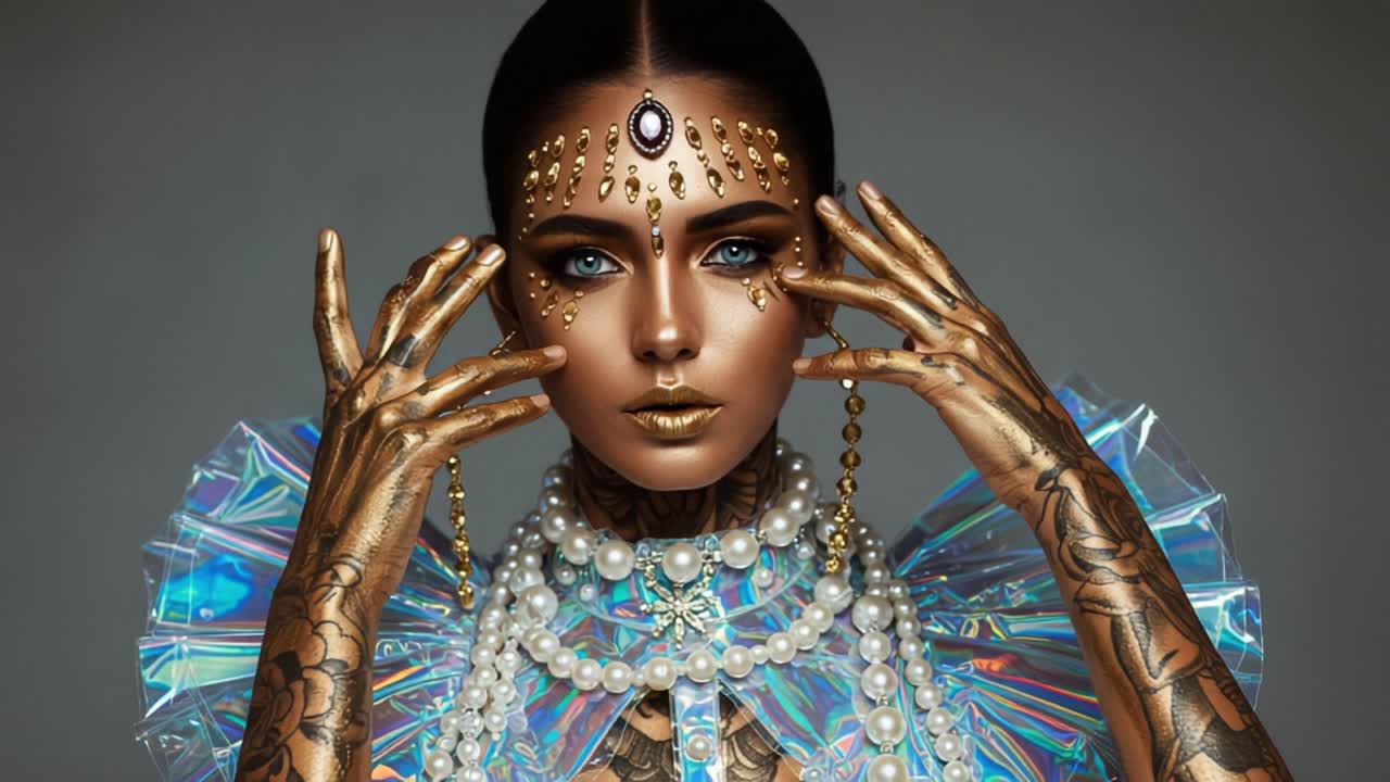 Splendido ritratto di una modella con gioielli elaborati e intricata body art, che mostra una fusione di eleganza moderna e artigianato tradizionale.