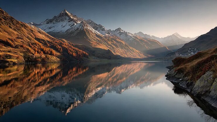 Stunning Alpine Landscape at Dusk: Majestic Mountains Reflecting in Crystal-Clear Lake Surrounded by Serene Nature's Beauty