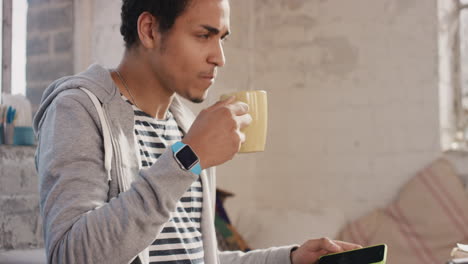 young student using smart phone at home in  morning drinking coffee