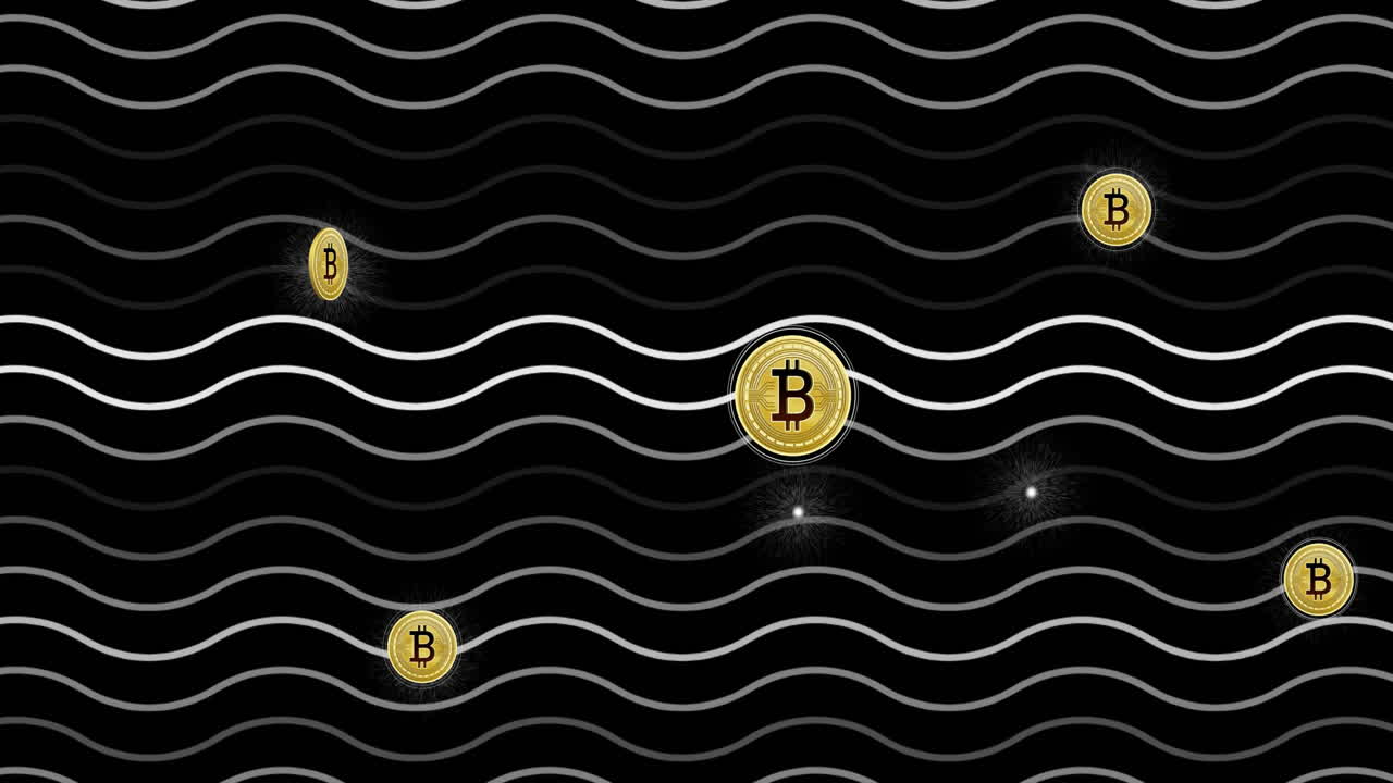 Animation of Bitcoin symbols floating over wavy black and white background