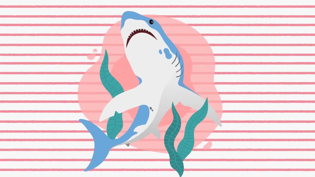 animación del icono del tiburón contra rayas rosadas en un patrón sin costuras sobre fondo blanco
