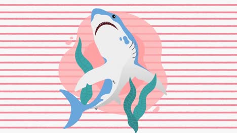 animation of shark icon against pink stripes in in seamless pattern on white background