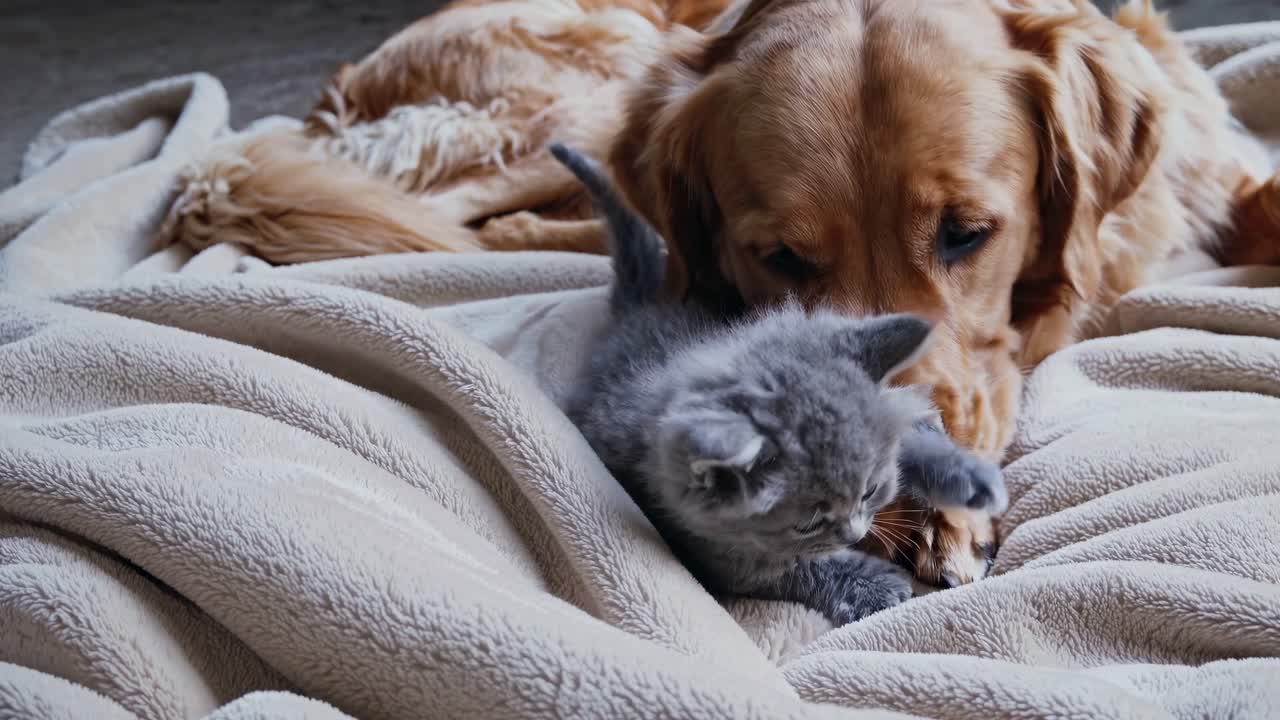 A heartwarming video of a golden retriever cuddling a playful gray kitten on a cozy blanket