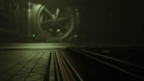 mysterious industrial interior with dim lighting and mechanical elements