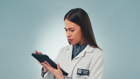 Tablet, doctor and confused with a science woman