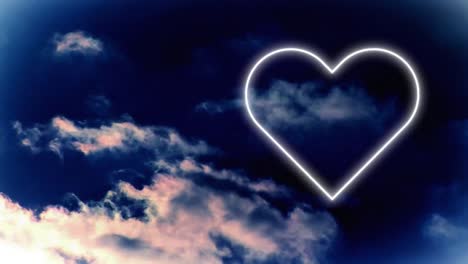 Animation-of-white-neon-heart-flashing-on-cloudy-blue-sky