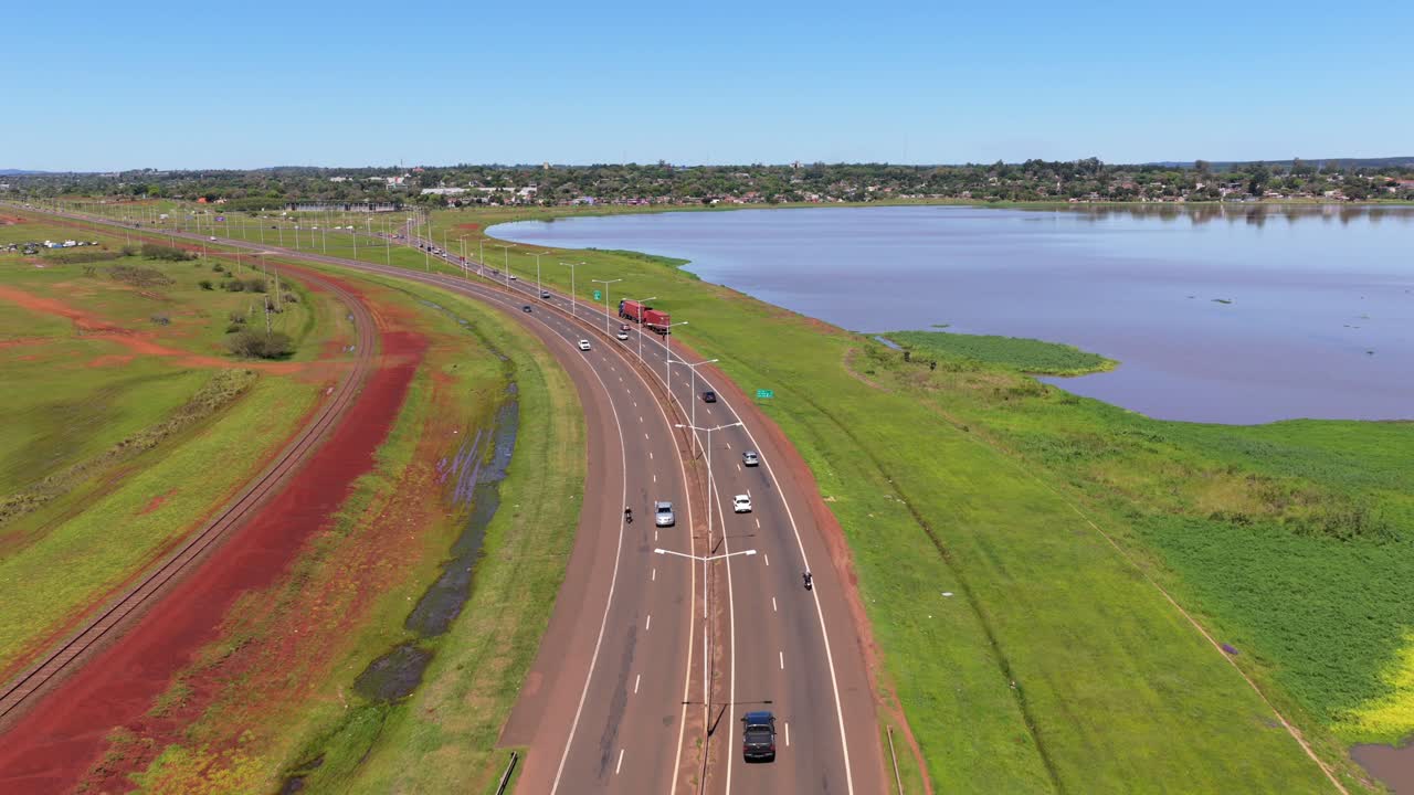 Aerial establishing fly traffic in South Access Highway of Misiones Argentina, Posadas city