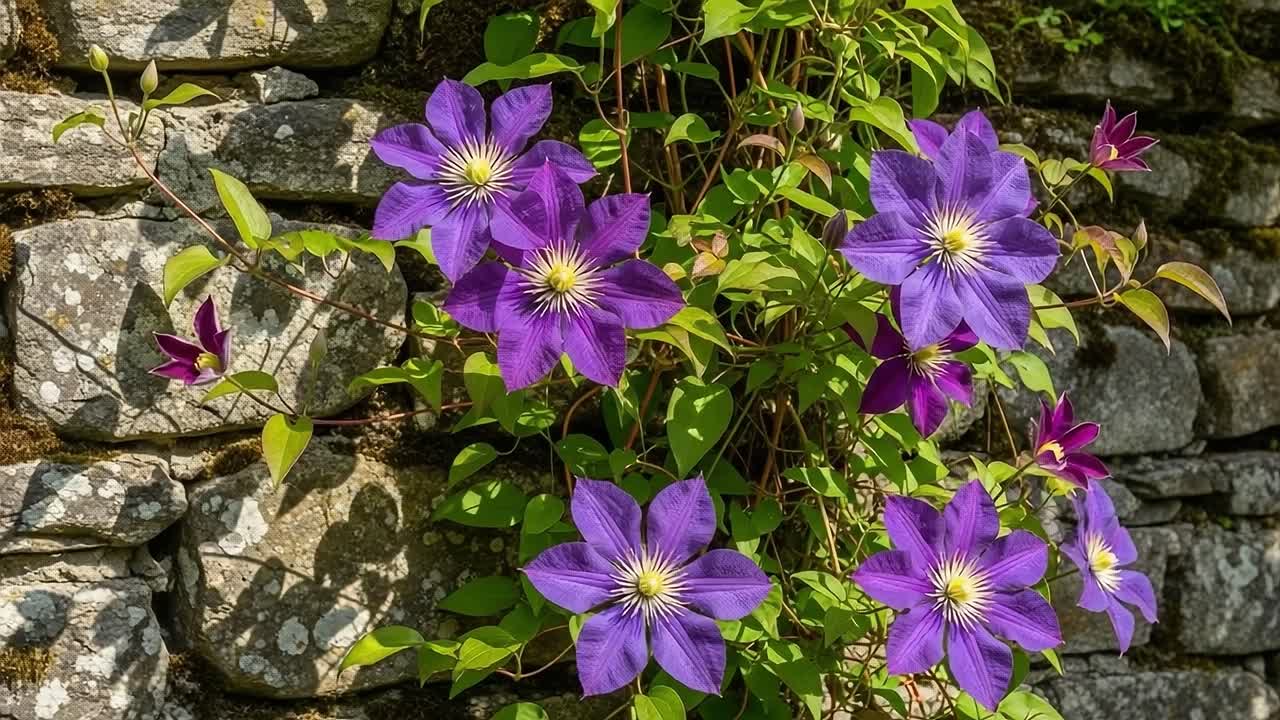 Vibrant Purple Clematis Blossoms Flourishing Against a Rustic Stone Wall, Creating a Stunning Natural Display of Color and Beauty