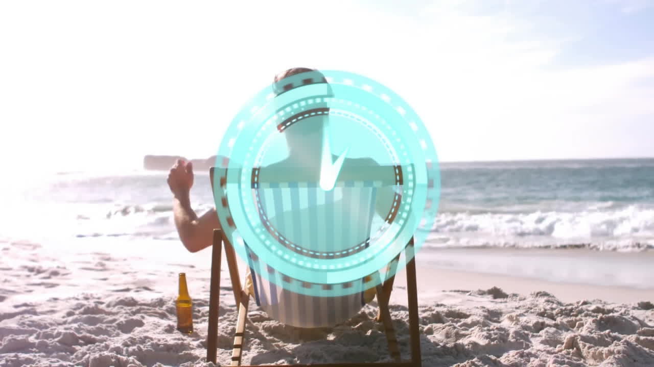 Relaxing on beach, person viewing digital clock animation overlay in background
