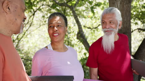 Happy-diverse-senior-male-and-female-friends-holding-yoga-mats-talking-in-sunny-nature,-slow-motion