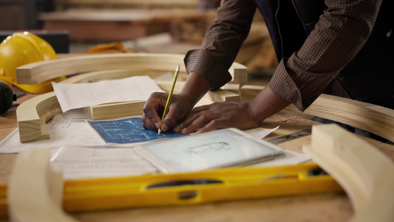Carpenter working on a blueprint with a tablet