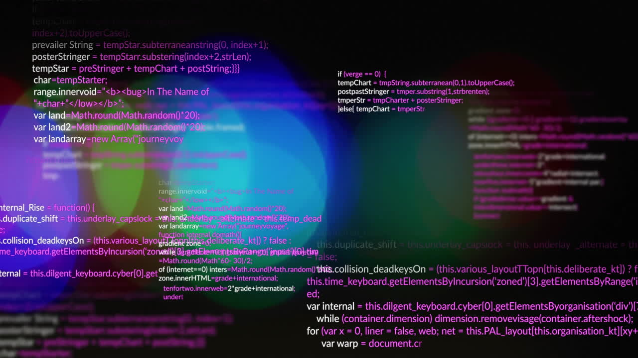 Displaying overlaid JavaScript code on dark screen, highlighting syntax with colored bokeh circles
