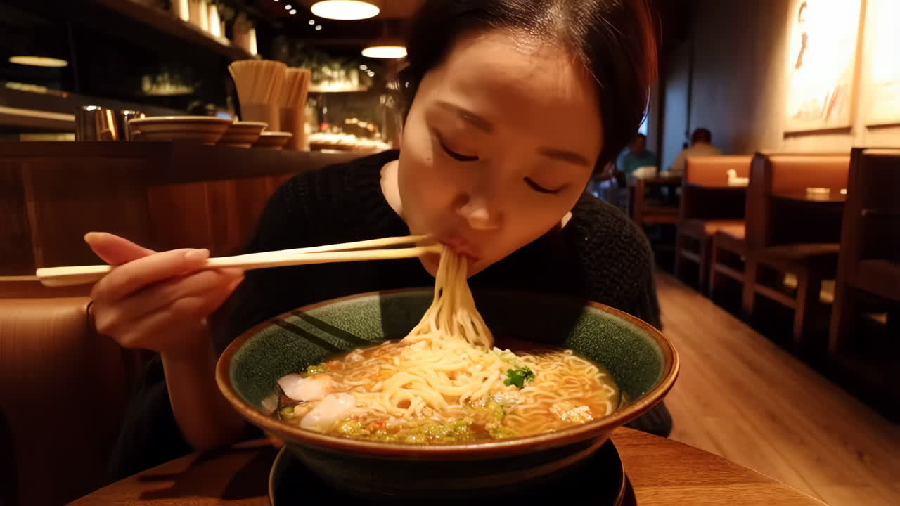 A woman slurping ramen noodles in a restaurant