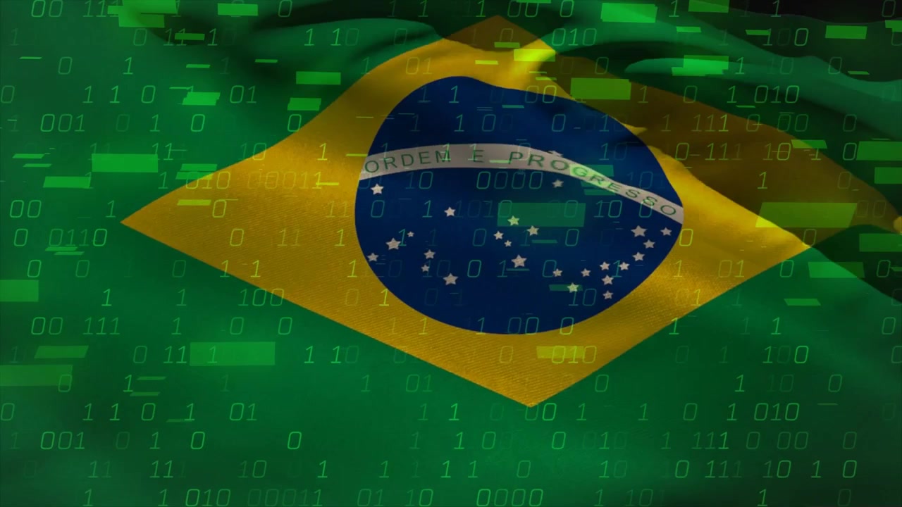Kameraet zoomer ind på en globus, Brasiliens flag blafrer, binære kodedatastænger stiger, viser dataflow