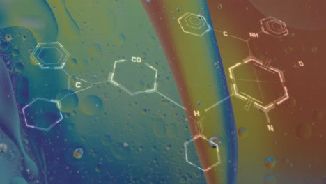 animación de la fórmula química sobre burbujas en un fondo colorido.